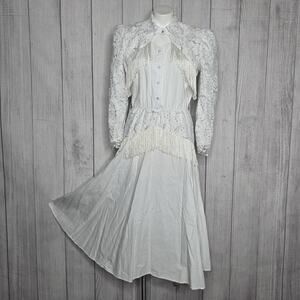 Vintage Lilia Smitty White & Silver Fringe Western Wedding Dress, sz 9/10